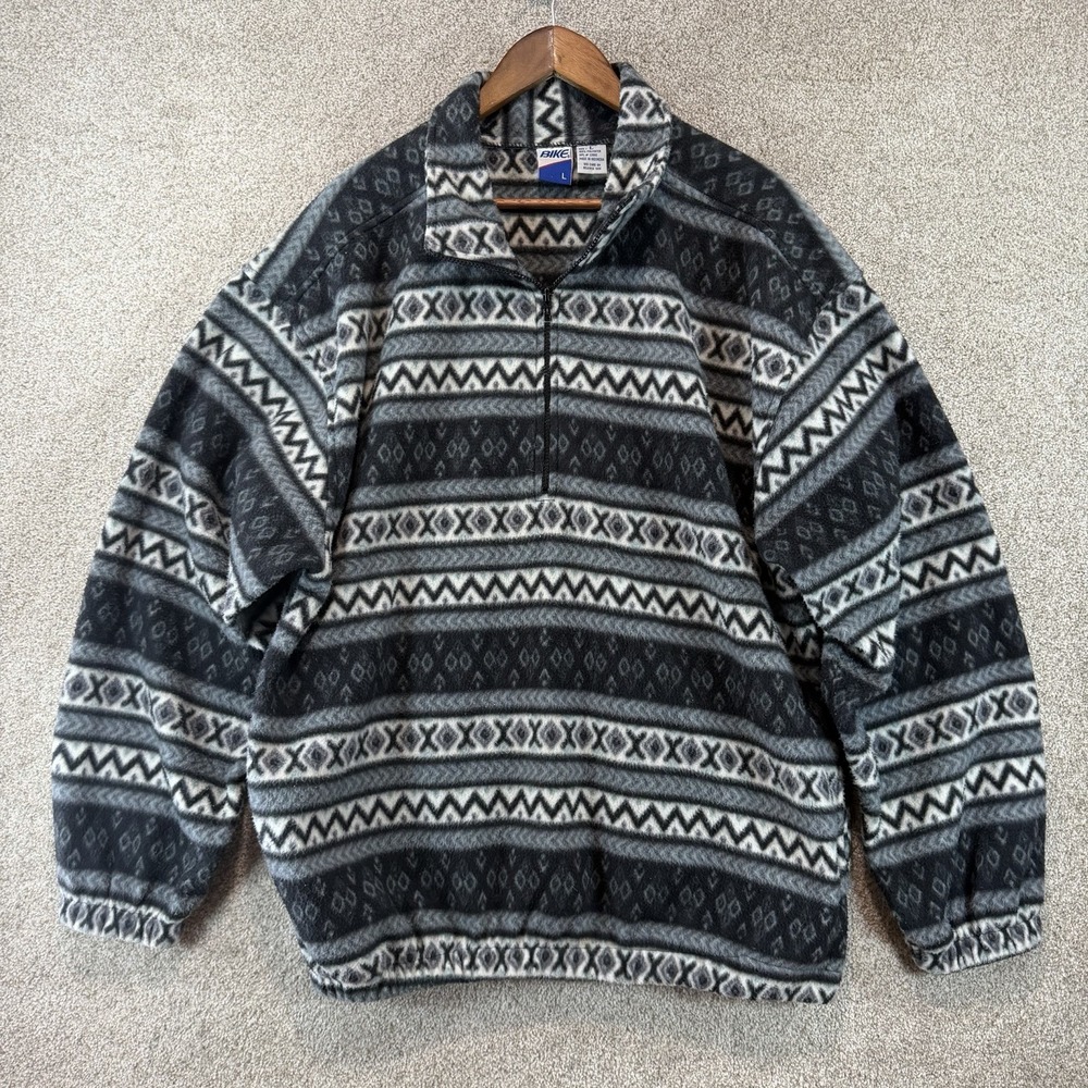 VTG BIKE Pullover Quarter Zip Sweater Mens L Grey Fleece Geometric Pattern 90s